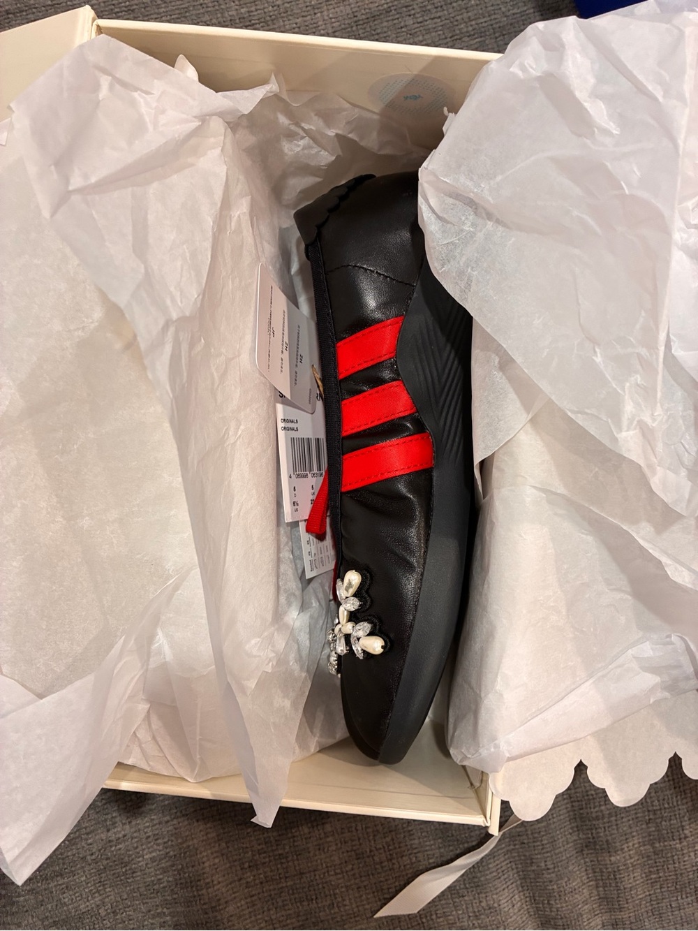 adidas Black Slip-On Flat with Red Straps and Pearl Cluster